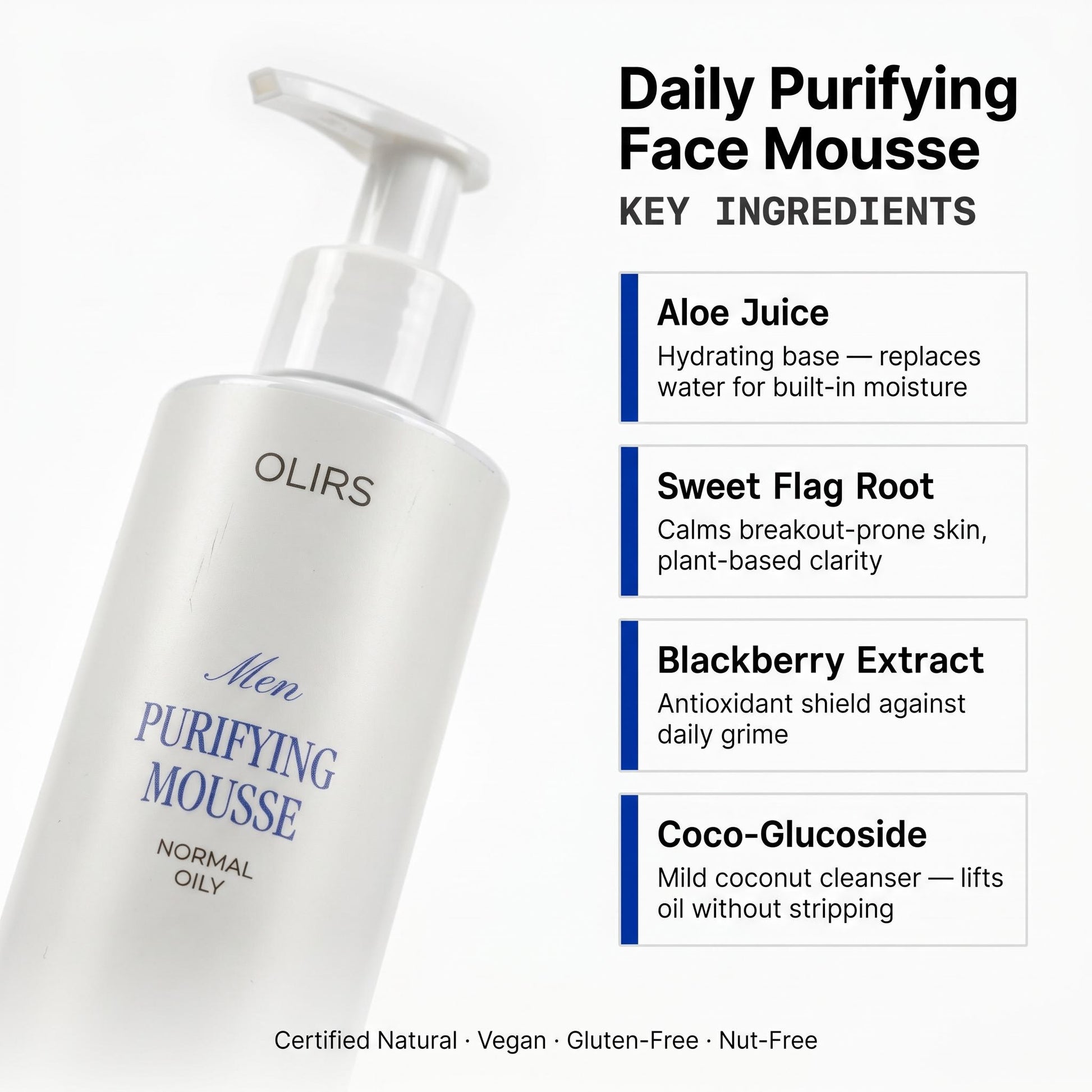 Daily Purifying Face Mousse - Ingredients | OLIRS Men's Skincare